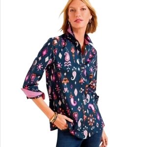 Talbots Cotton Button Front Shirt Ikat Paisley Navy NWT Size S/M